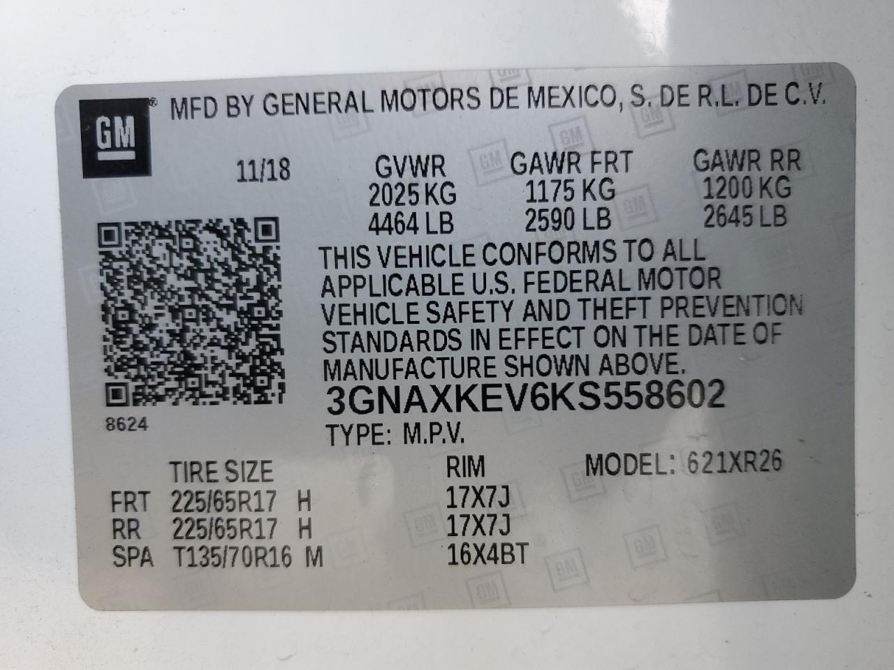 3GNAXKEV6KS558602 2019 Chevrolet Equinox Lt