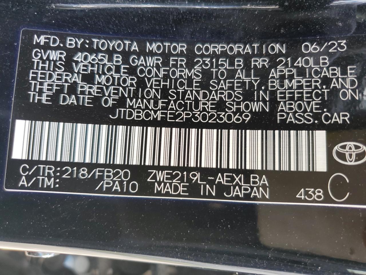 2023 Toyota Corolla Le VIN: JTDBCMFE2P3023069 Lot: 69871594