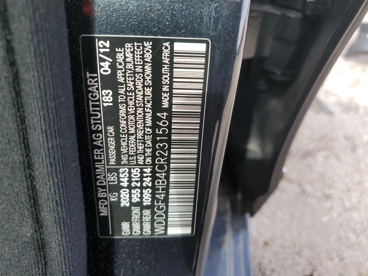 2012 Mercedes-Benz C 250 VIN: WDDGF4HB4CR231564 Lot: 69995164