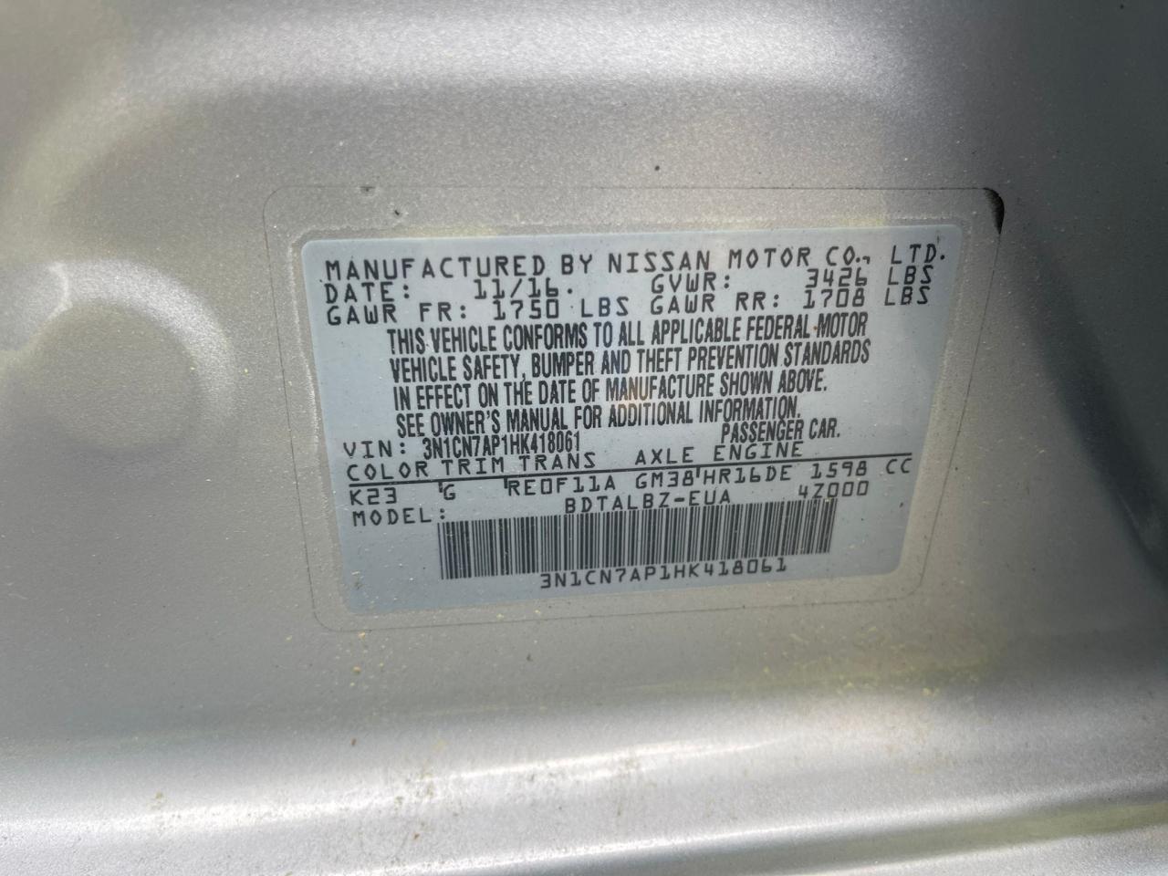 3N1CN7AP1HK418061 2017 Nissan Versa S