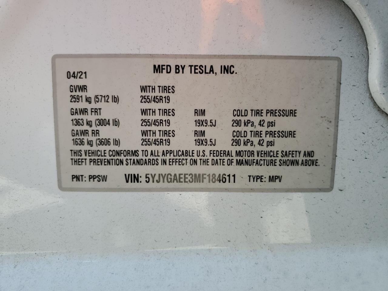 5YJYGAEE3MF184611 2021 Tesla Model Y