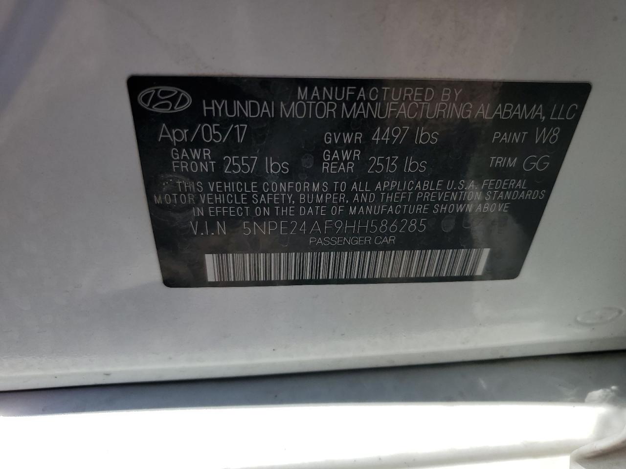 2017 Hyundai Sonata Se VIN: 5NPE24AF9HH586285 Lot: 70303984