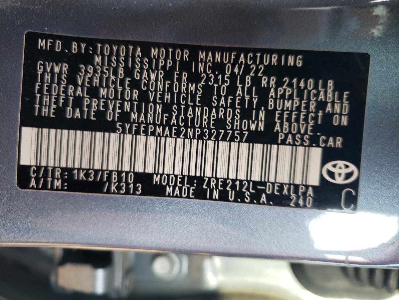 5YFEPMAE2NP327757 2022 Toyota Corolla Le