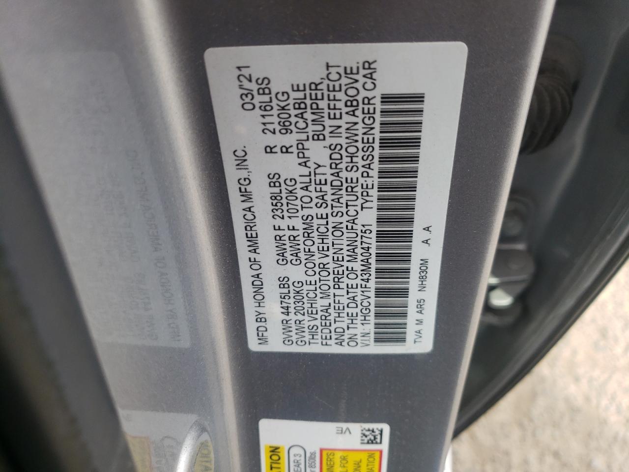 1HGCV1F43MA047751 2021 Honda Accord Sport Se