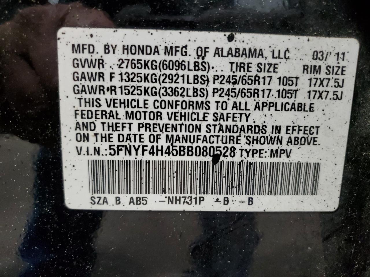 5FNYF4H45BB080528 2011 Honda Pilot Ex