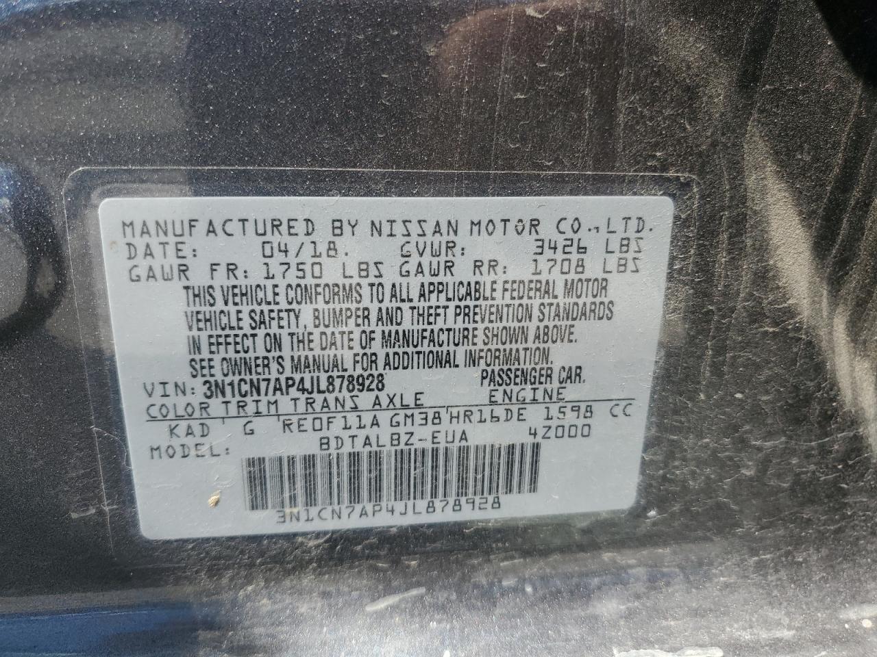 3N1CN7AP4JL878928 2018 Nissan Versa S