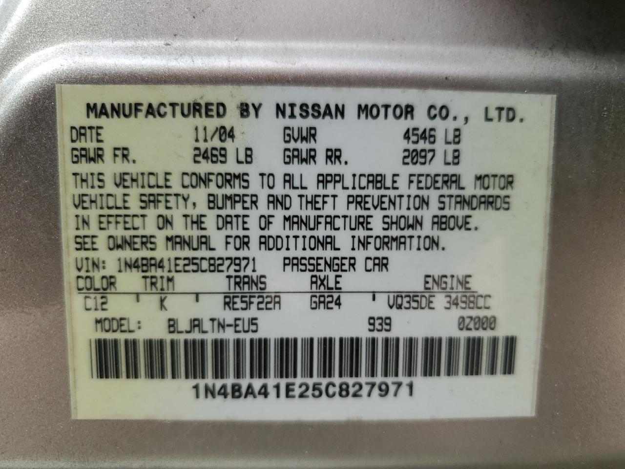 1N4BA41E25C827971 2005 Nissan Maxima Se