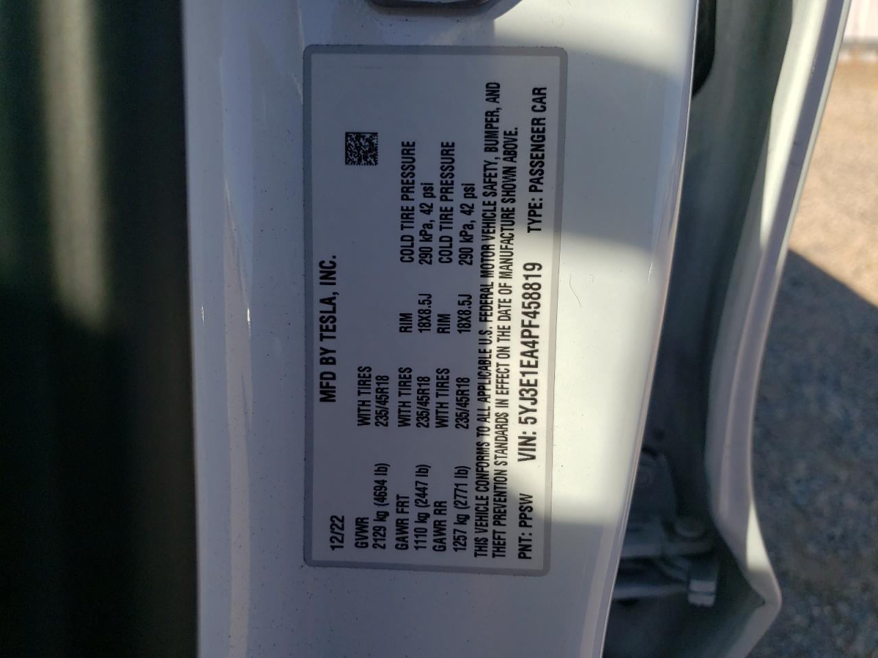 5YJ3E1EA4PF458819 2023 Tesla Model 3