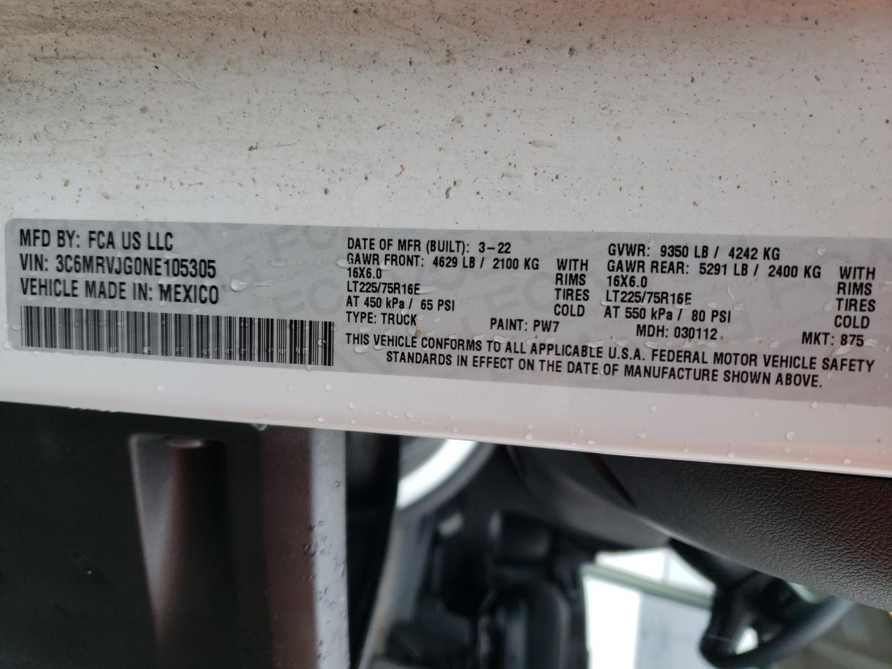 2022 Ram Promaster 3500 3500 High VIN: 3C6MRVJG0NE105305 Lot: 69528624