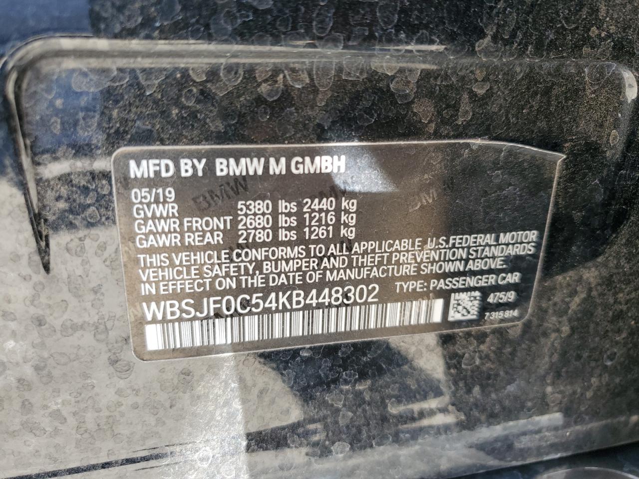 2019 BMW M5 VIN: WBSJF0C54KB448302 Lot: 71120294