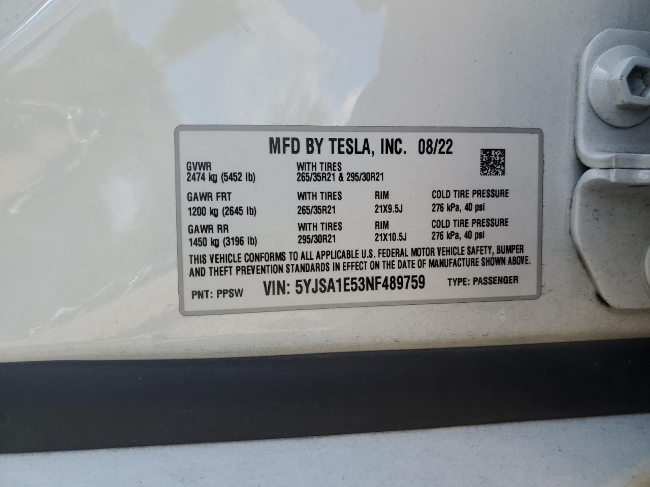 5YJSA1E53NF489759 2022 Tesla Model S