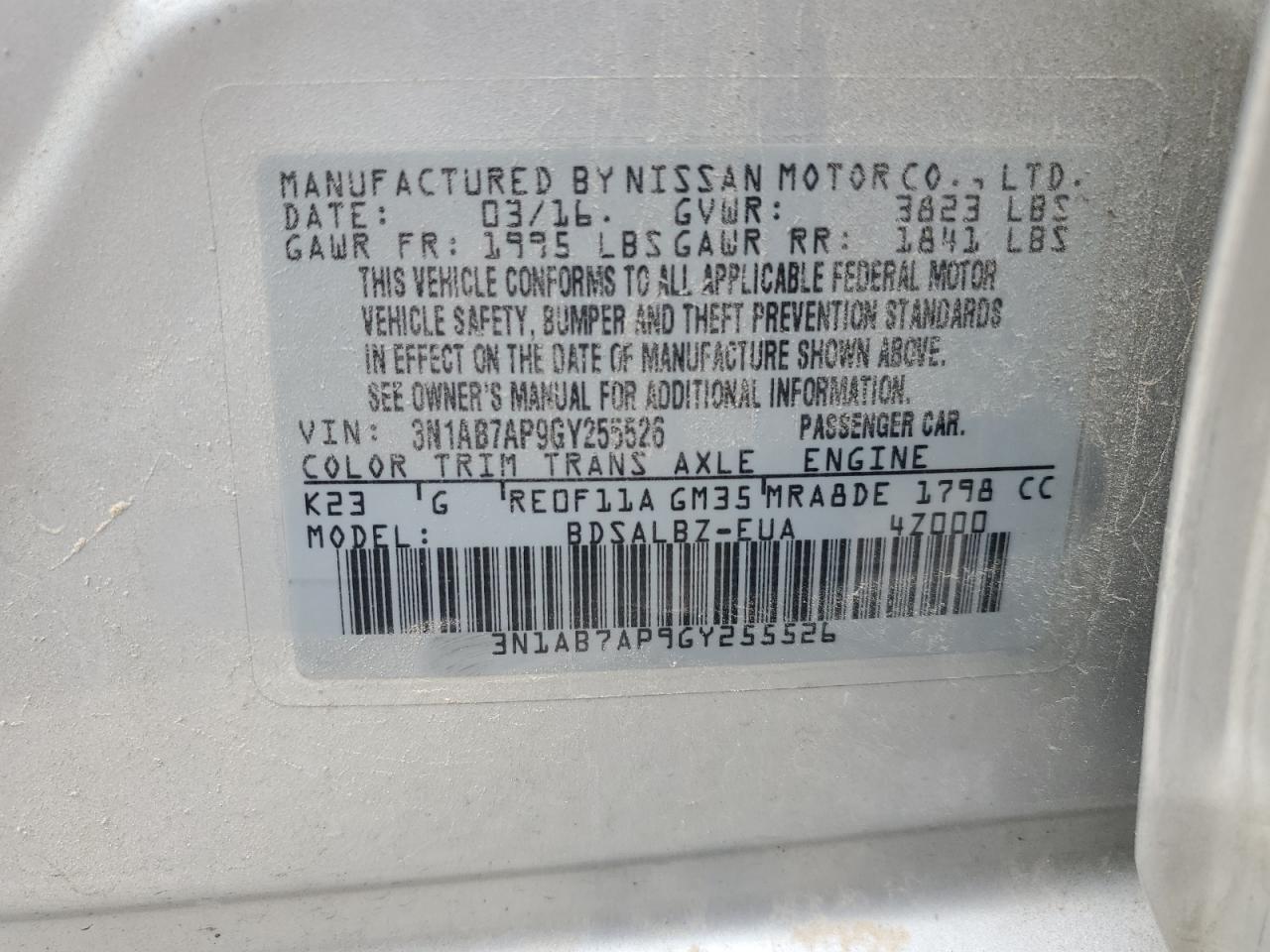 3N1AB7AP9GY255526 2016 Nissan Sentra S