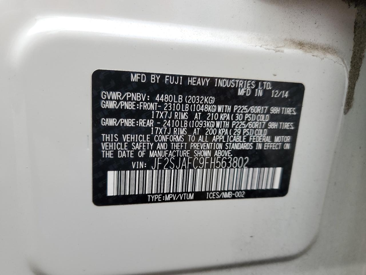 2015 Subaru Forester 2.5I Premium VIN: JF2SJAFC9FH563802 Lot: 72097394