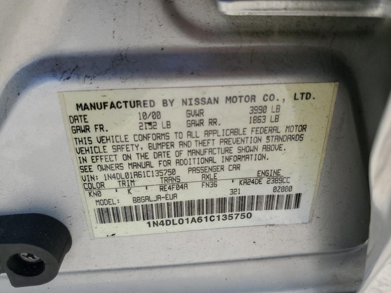 1N4DL01A61C135750 2001 Nissan Altima Gxe