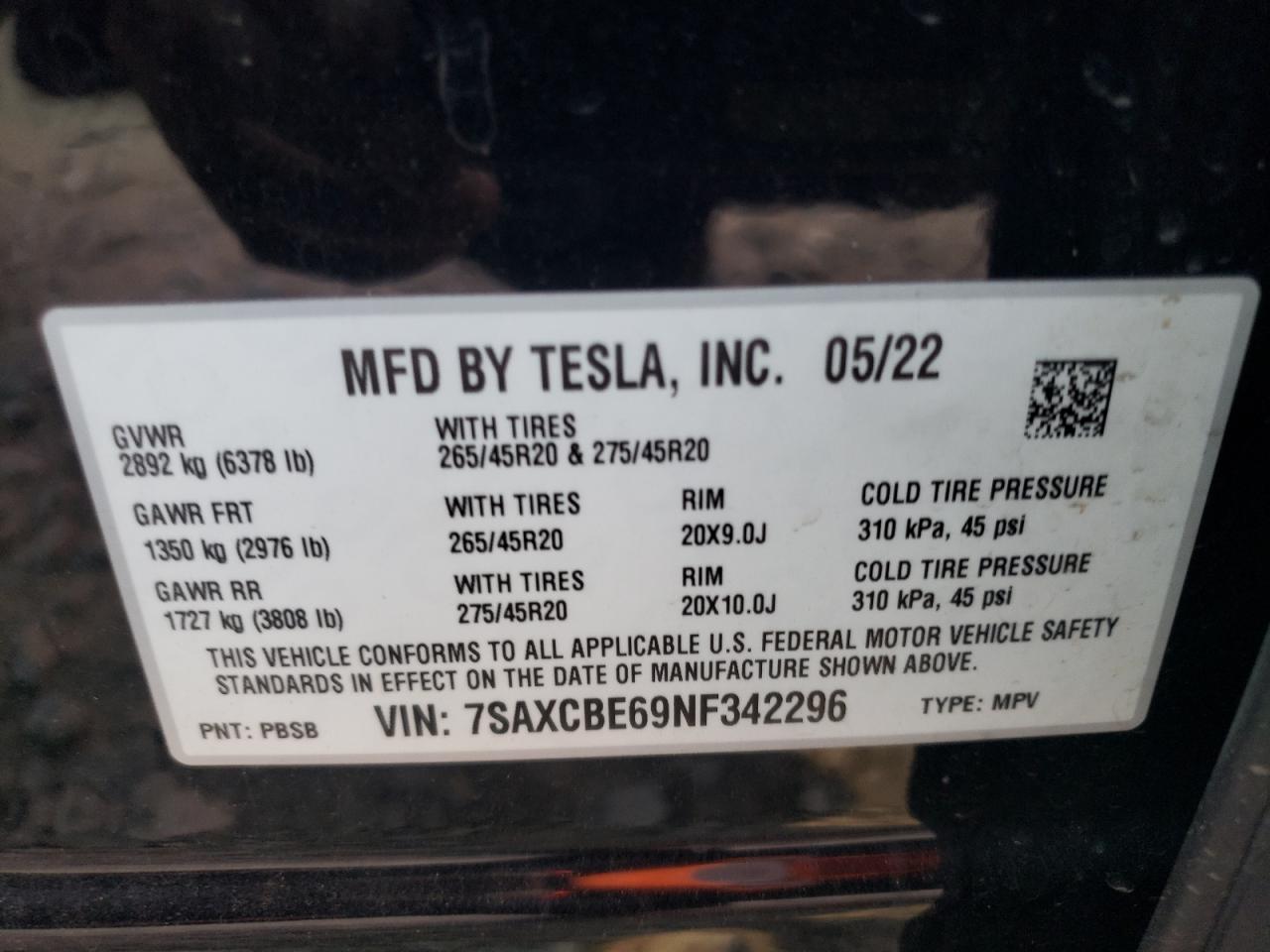 7SAXCBE69NF342296 2022 Tesla Model X