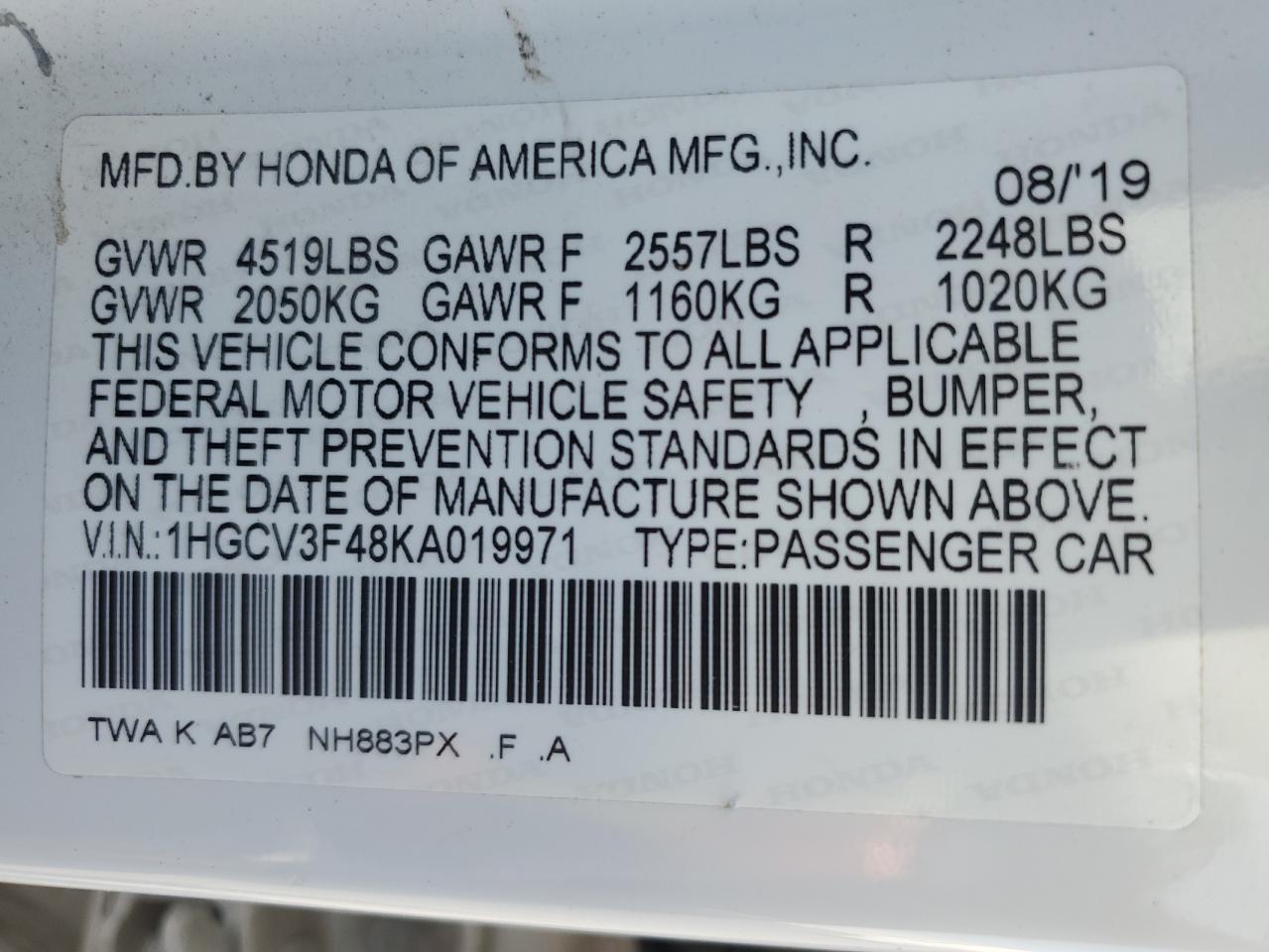 2019 Honda Accord Hybrid Ex VIN: 1HGCV3F48KA019971 Lot: 71806374