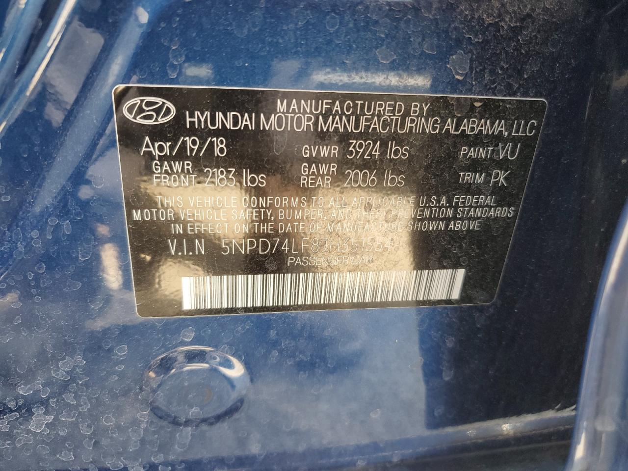 5NPD74LF8JH351554 2018 Hyundai Elantra Se