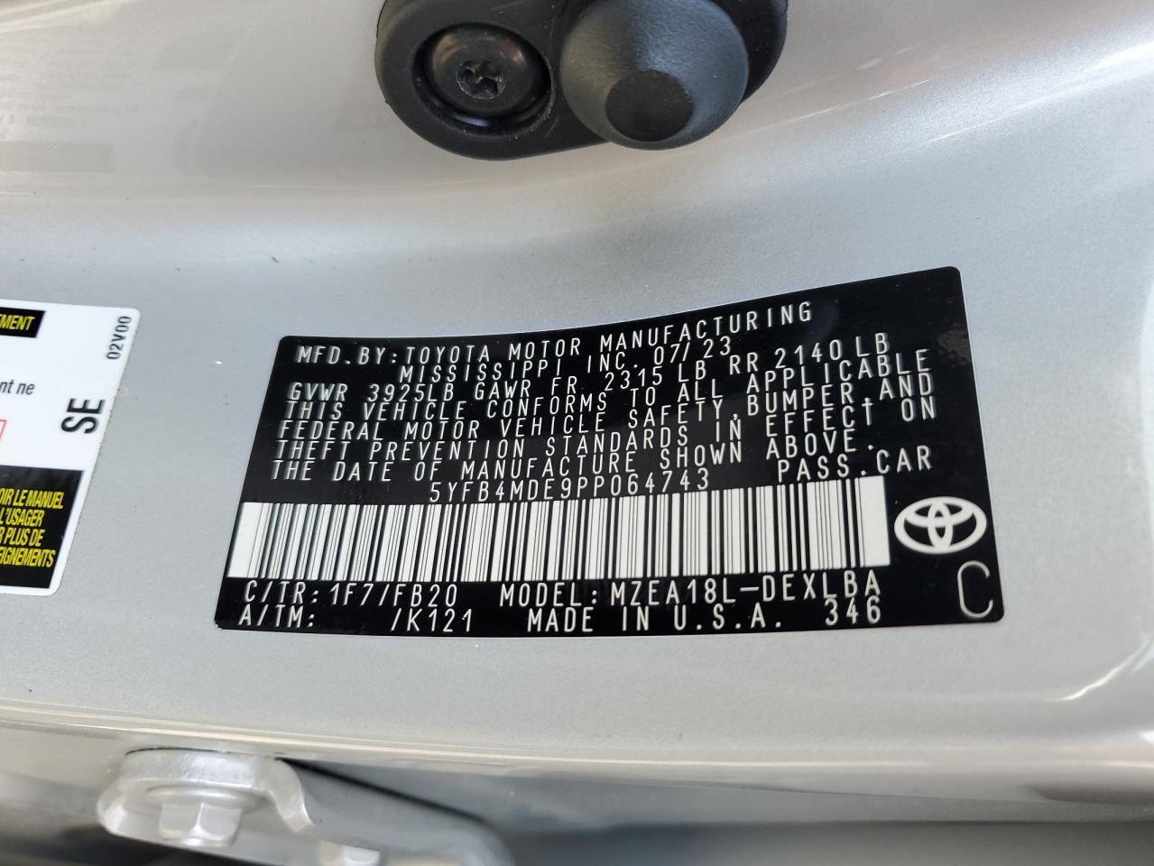 5YFB4MDE9PP064743 2023 Toyota Corolla Le