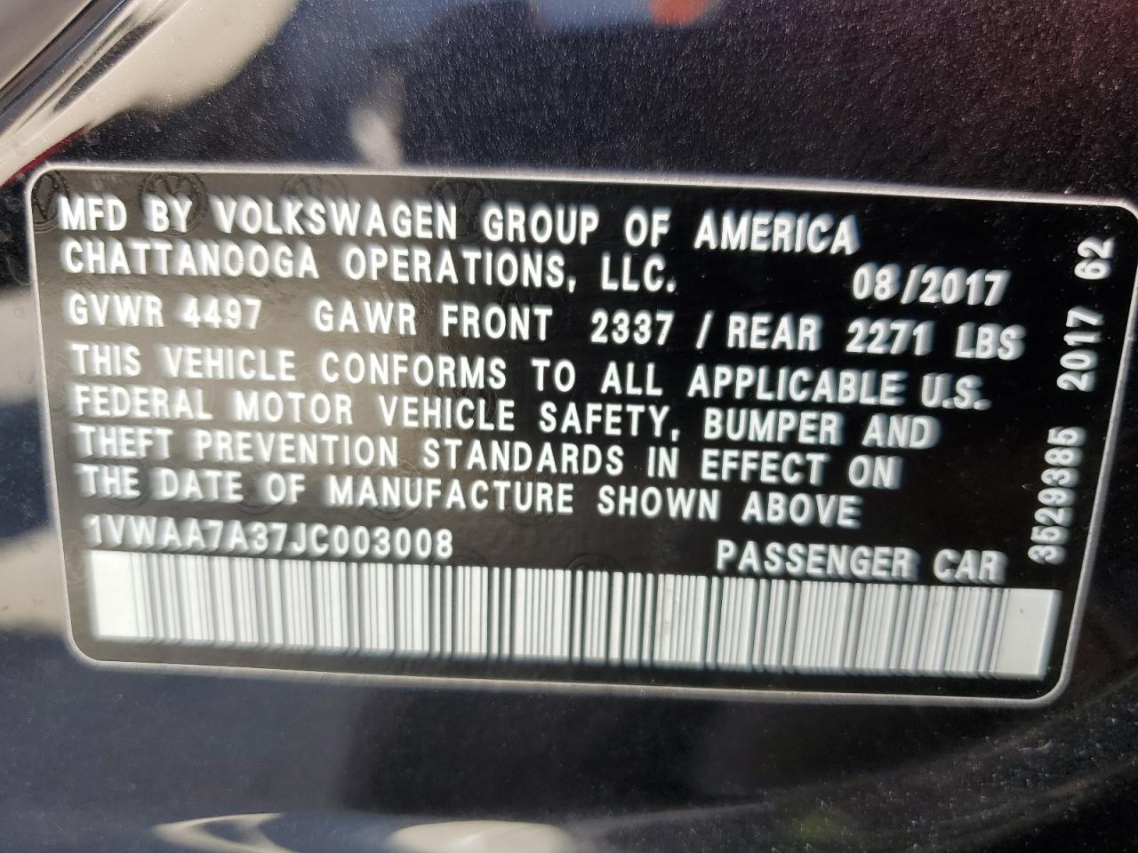 1VWAA7A37JC003008 2018 Volkswagen Passat S