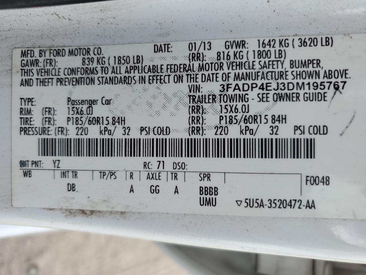 2013 Ford Fiesta Se VIN: 3FADP4EJ3DM195767 Lot: 72564084