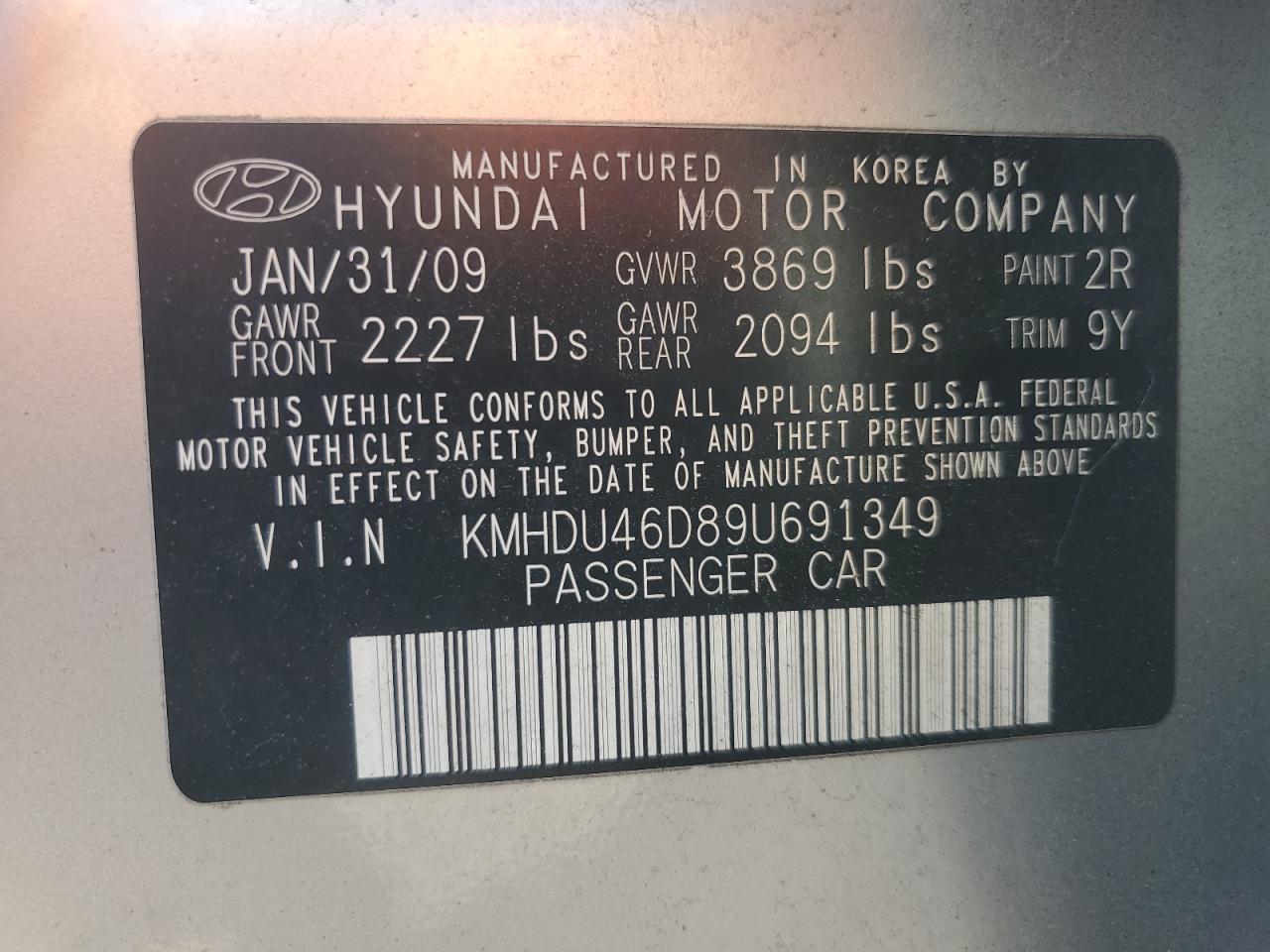 2009 Hyundai Elantra Gls VIN: KMHDU46D89U691349 Lot: 71927404