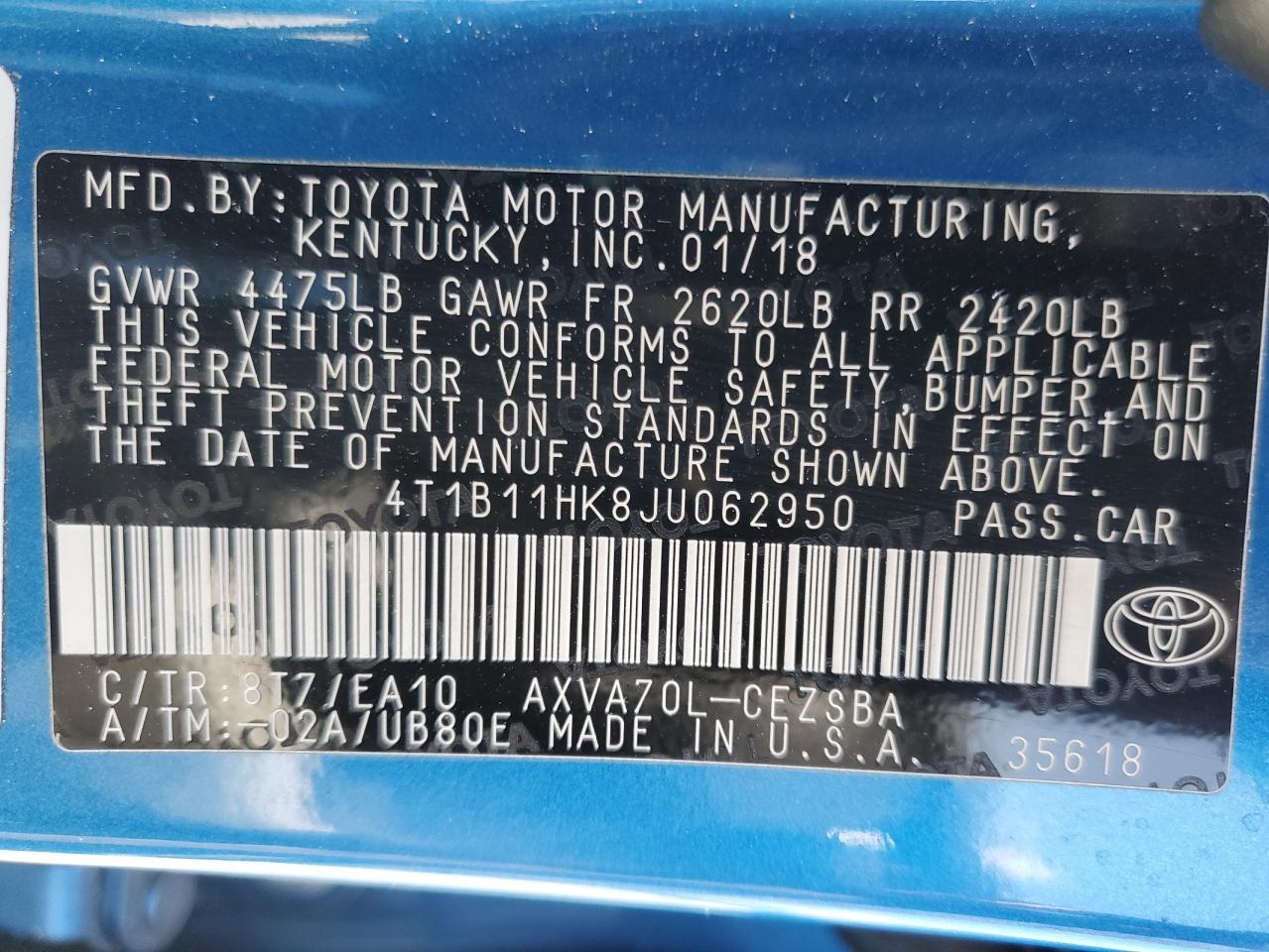 4T1B11HK8JU062950 2018 Toyota Camry L