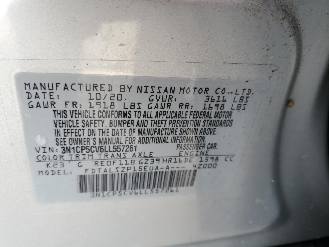 3N1CP5CV6LL557261 2020 Nissan Kicks Sv