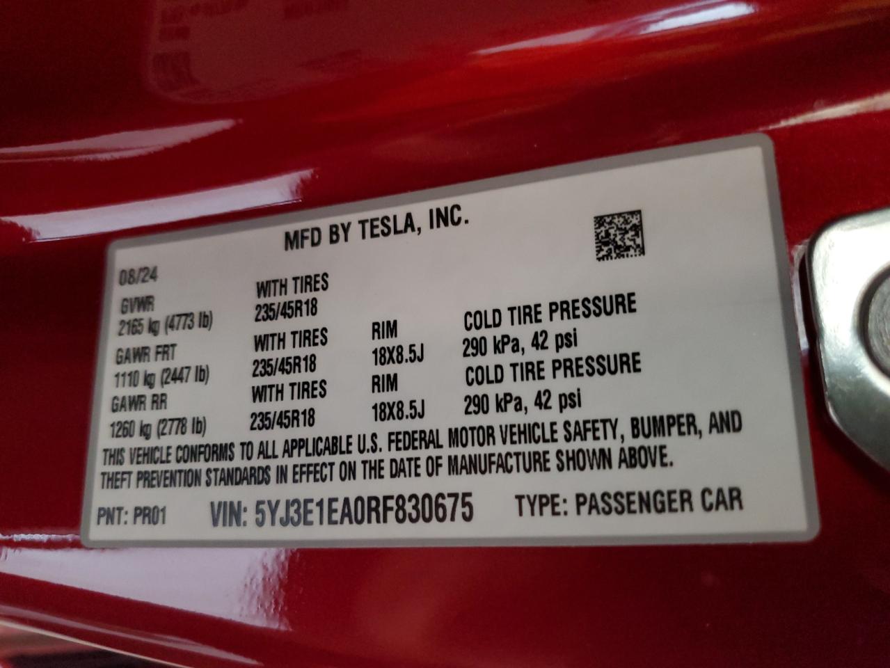 2024 Tesla Model 3 VIN: 5YJ3E1EA0RF830675 Lot: 72821634