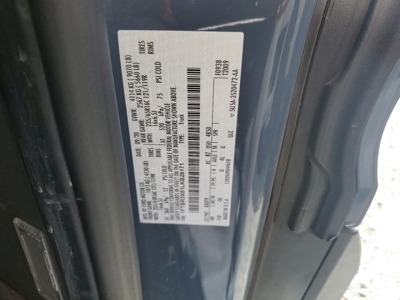 2020 Ford Transit T-250 VIN: 1FTBR3X81LKB28171 Lot: 71116574