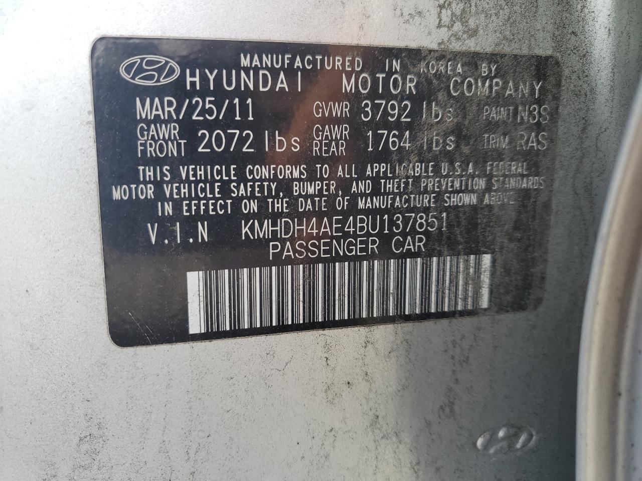 KMHDH4AE4BU137851 2011 Hyundai Elantra Gls