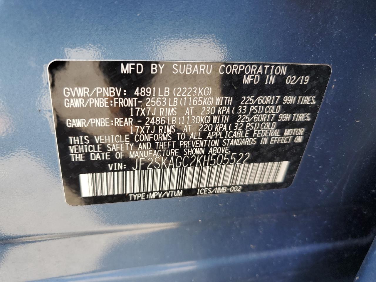 JF2SKAGC2KH505522 2019 Subaru Forester Premium