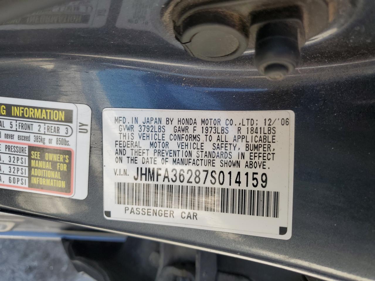 JHMFA36287S014159 2007 Honda Civic Hybrid