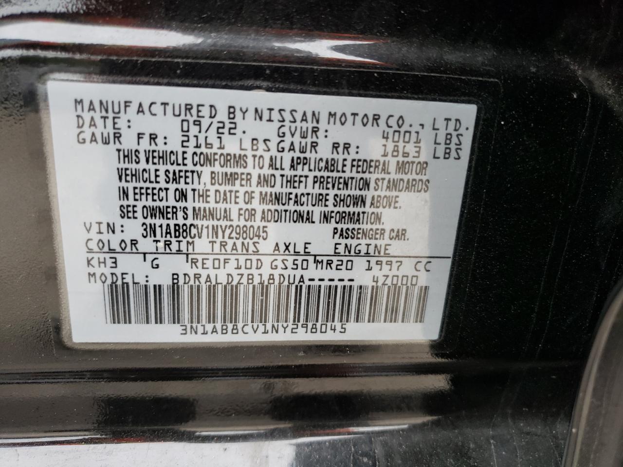 3N1AB8CV1NY298045 2022 Nissan Sentra Sv