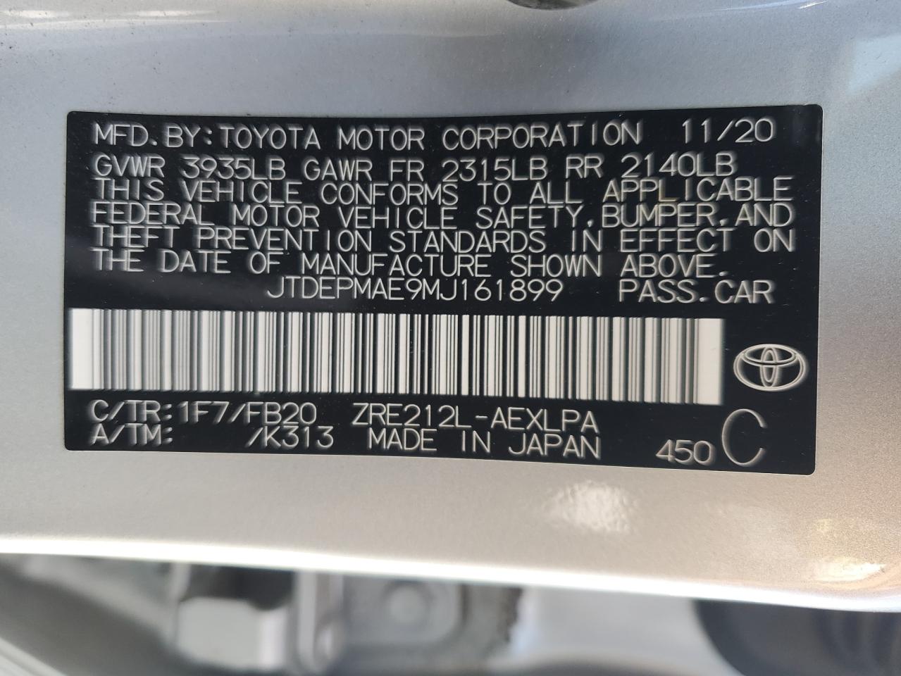 2021 Toyota Corolla Le VIN: JTDEPMAE9MJ161899 Lot: 71758044