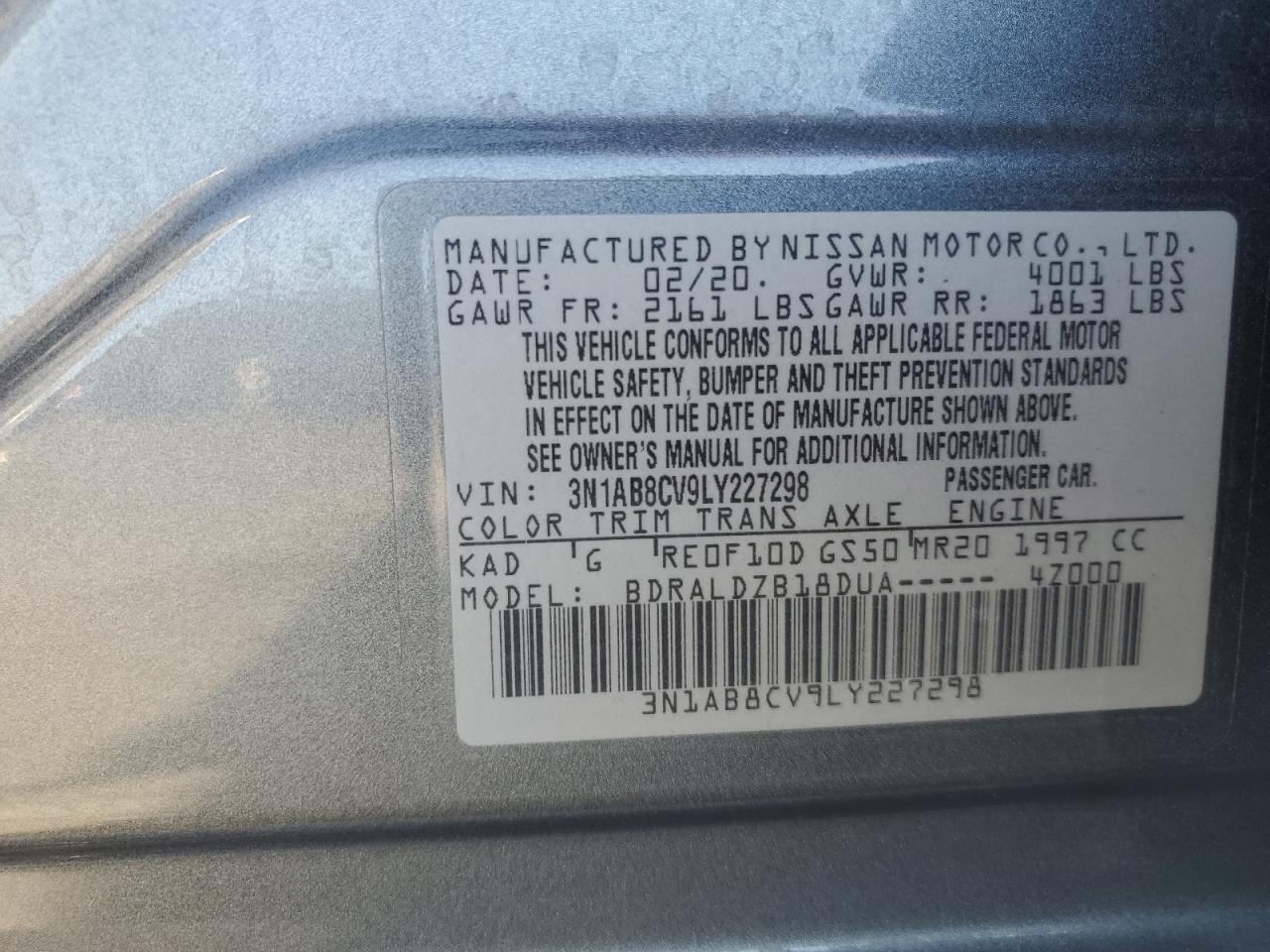 3N1AB8CV9LY227298 2020 Nissan Sentra Sv