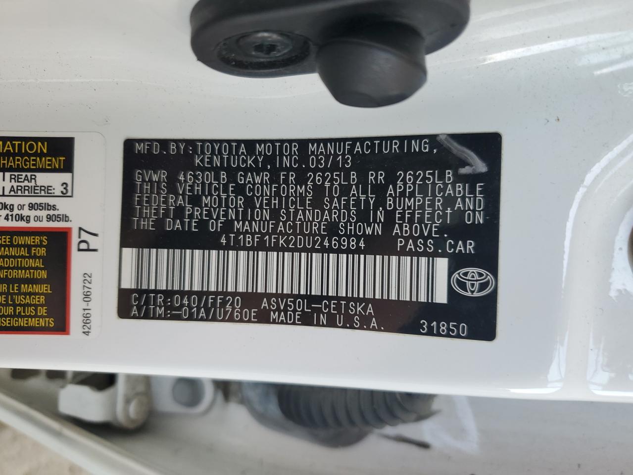 4T1BF1FK2DU246984 2013 Toyota Camry L