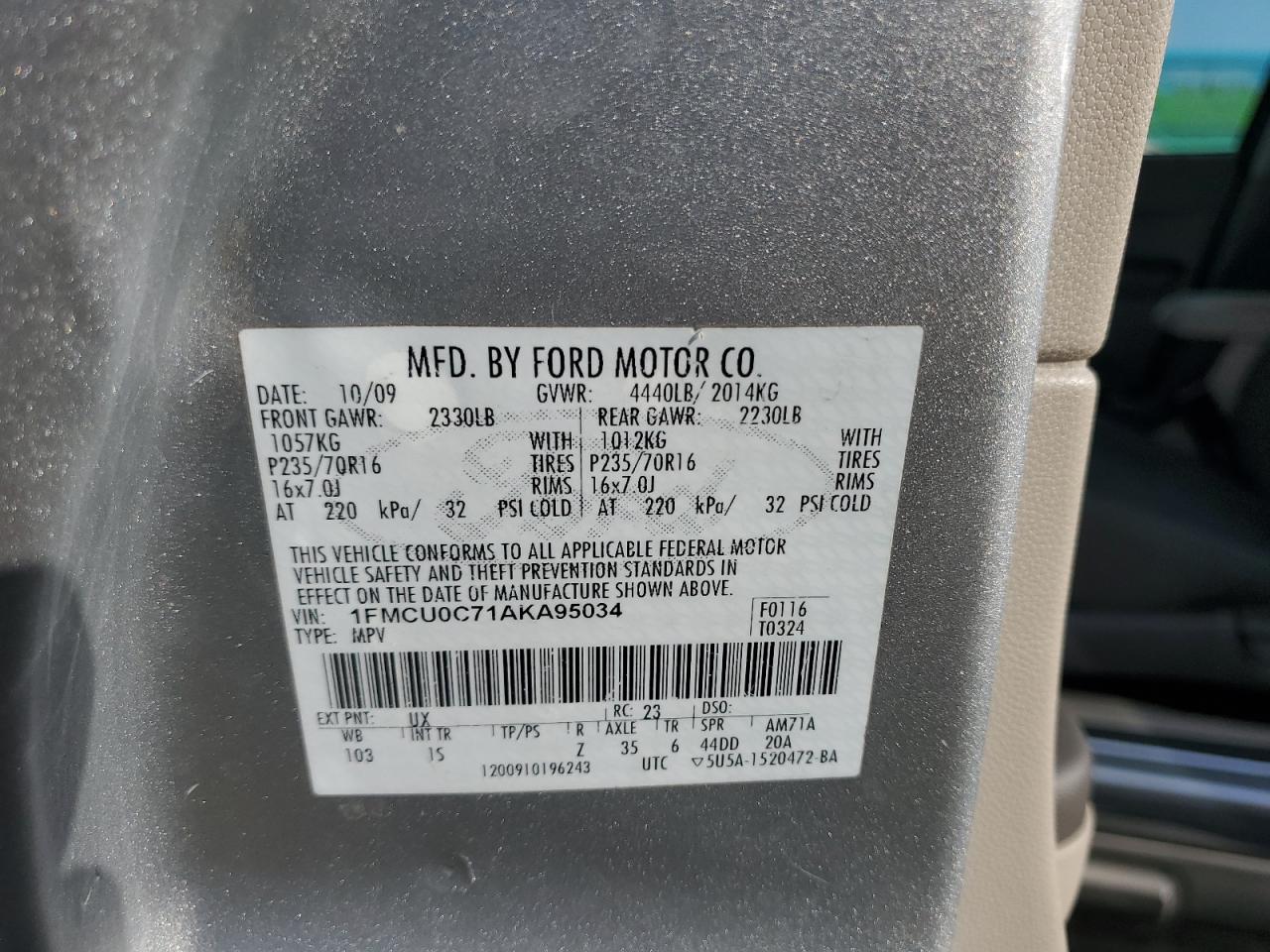 1FMCU0C71AKA95034 2010 Ford Escape Xls