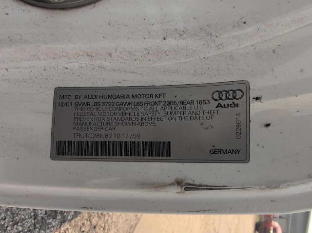 2002 Audi Tt VIN: TRUTC28N821017759 Lot: 71467134