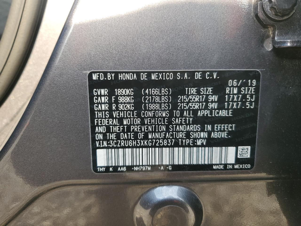 3CZRU6H3XKG725837 2019 Honda Hr-V Lx