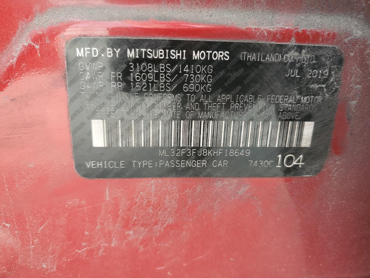 ML32F3FJ8KHF18649 2019 Mitsubishi Mirage G4 Es