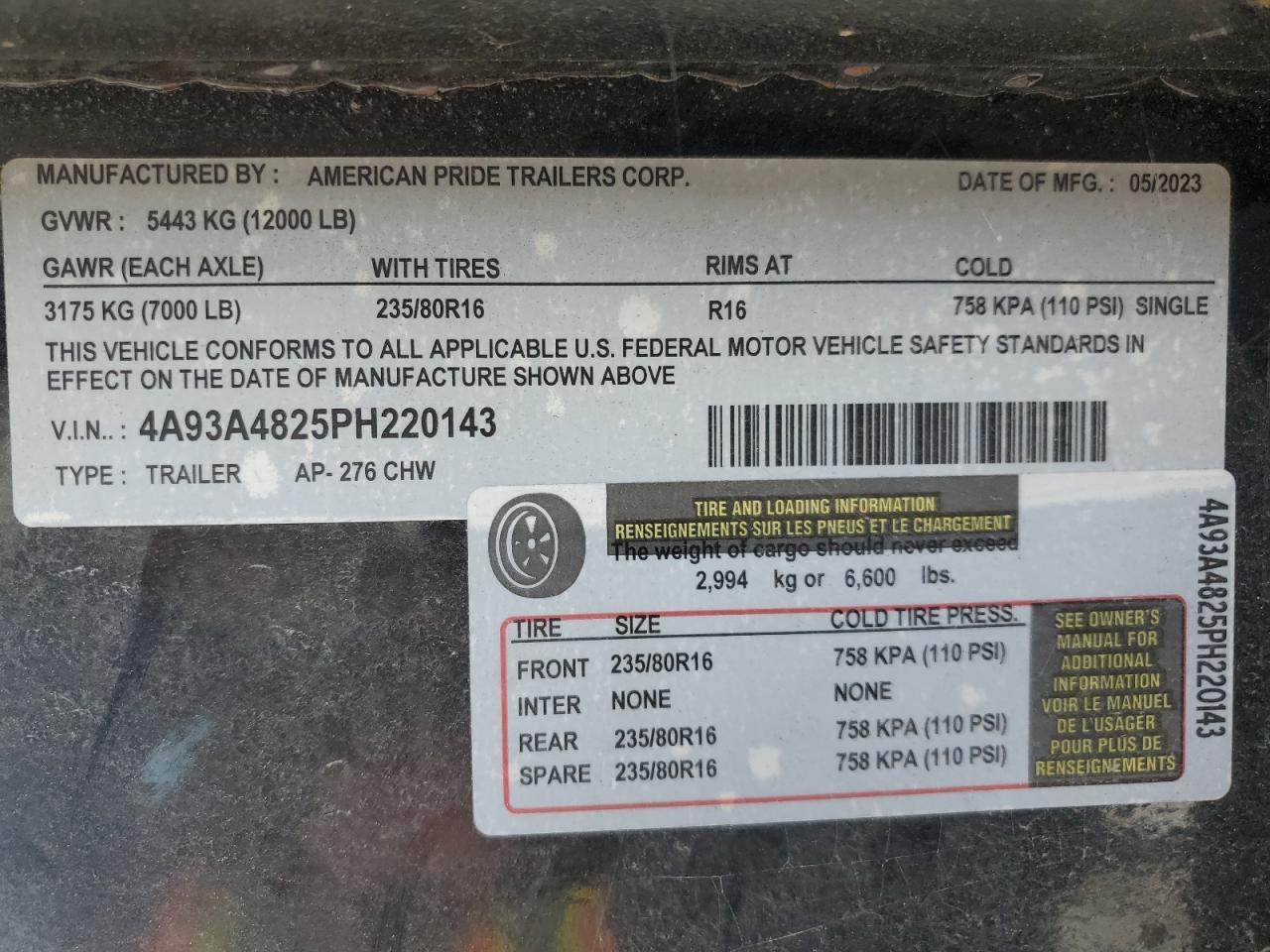 4A93A4825PH220143 2023 American Motors Trailer