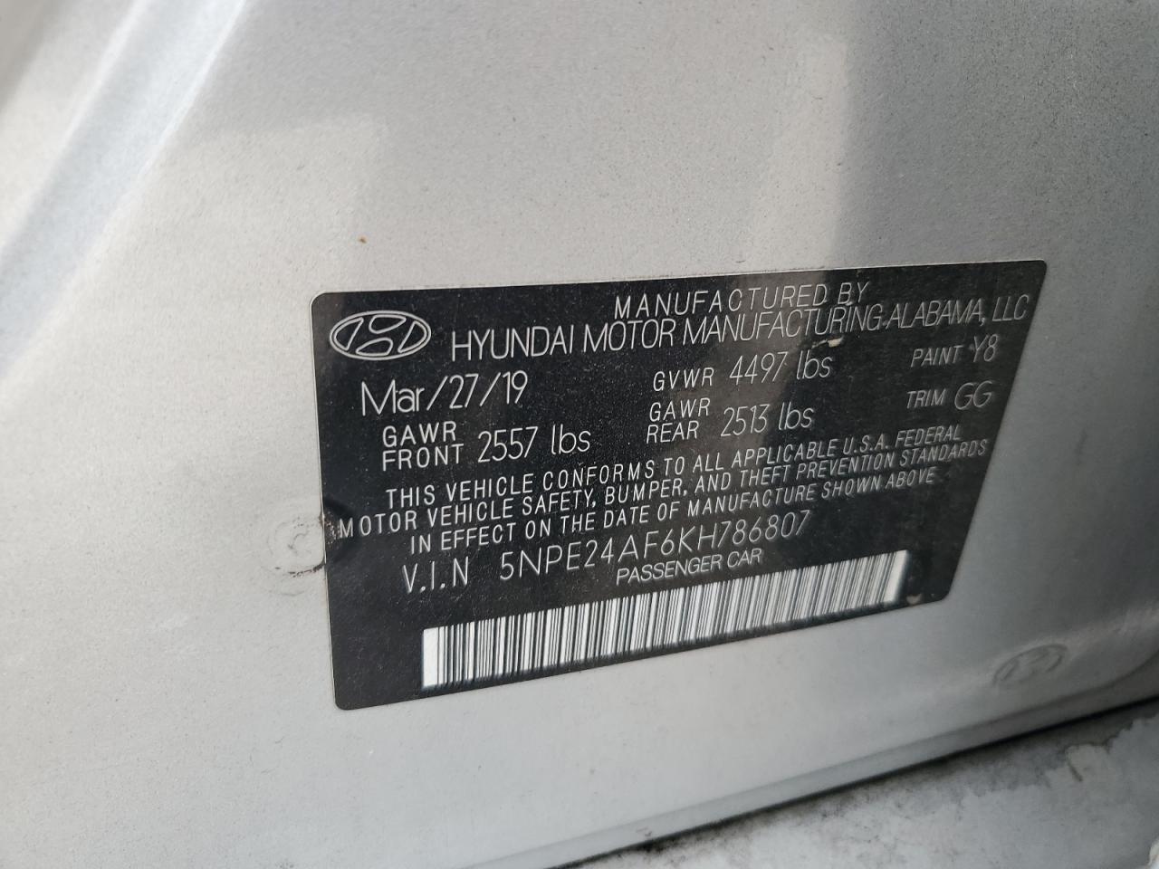 5NPE24AF6KH786807 2019 Hyundai Sonata Se