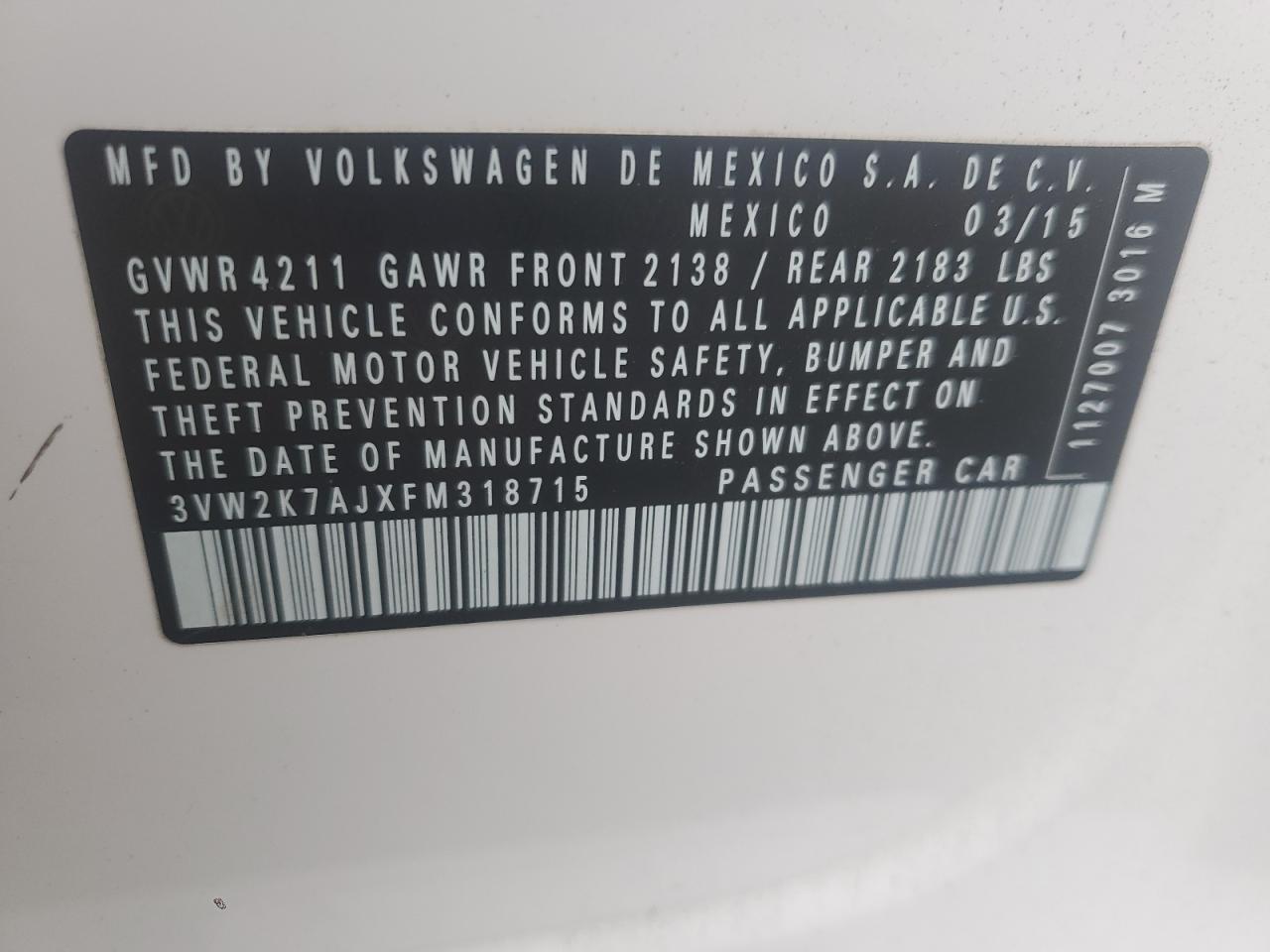 3VW2K7AJXFM318715 2015 Volkswagen Jetta Base