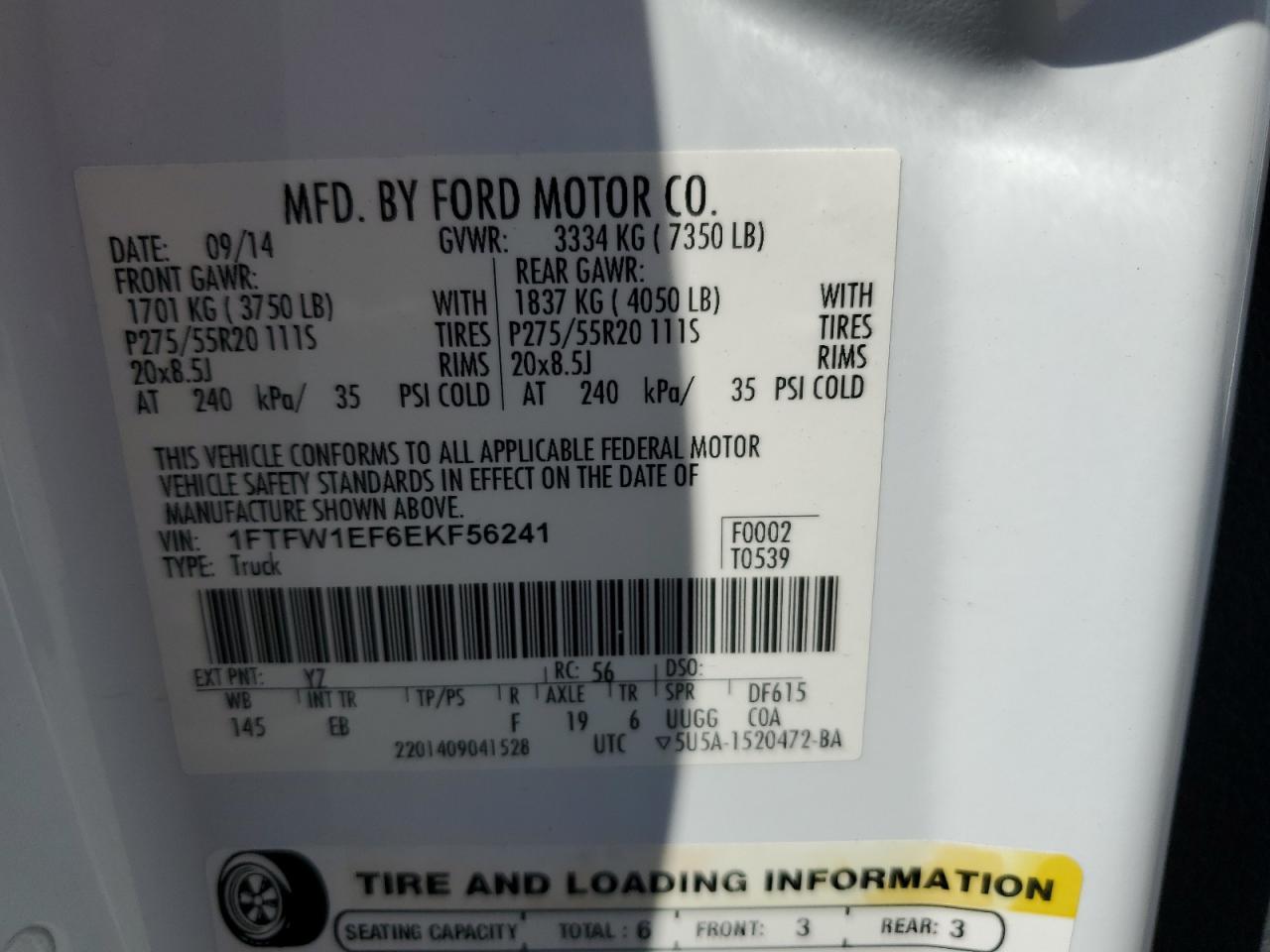 2014 Ford F150 Supercrew VIN: 1FTFW1EF6EKF56241 Lot: 72393634