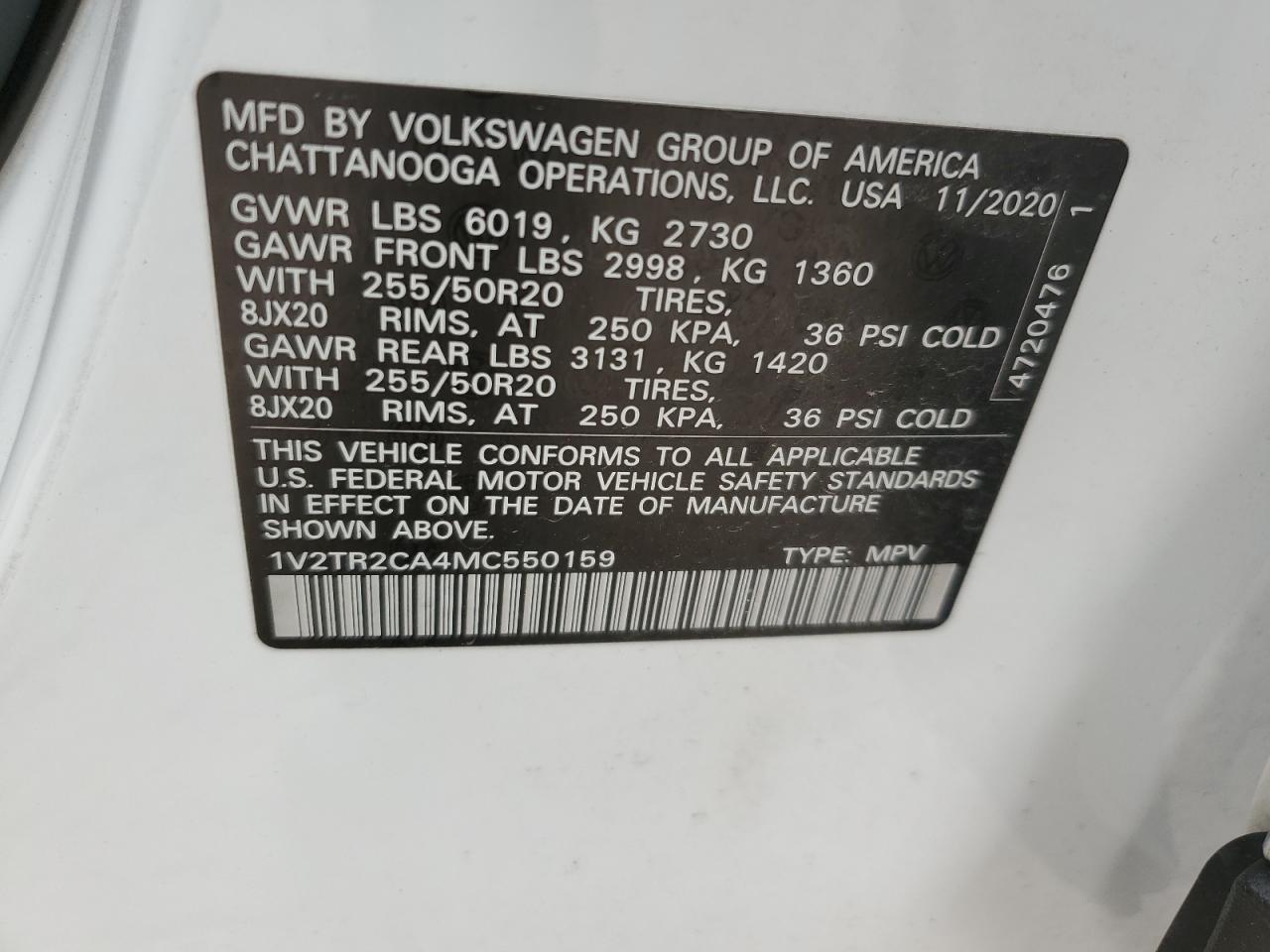 2021 Volkswagen Atlas Sel Premium VIN: 1V2TR2CA4MC550159 Lot: 70262164