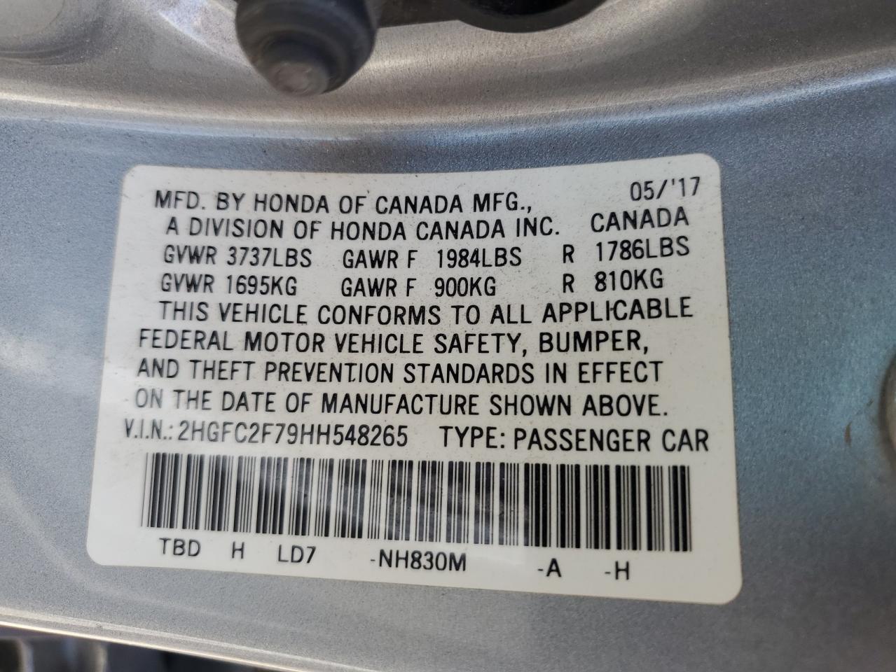 2HGFC2F79HH548265 2017 Honda Civic Ex