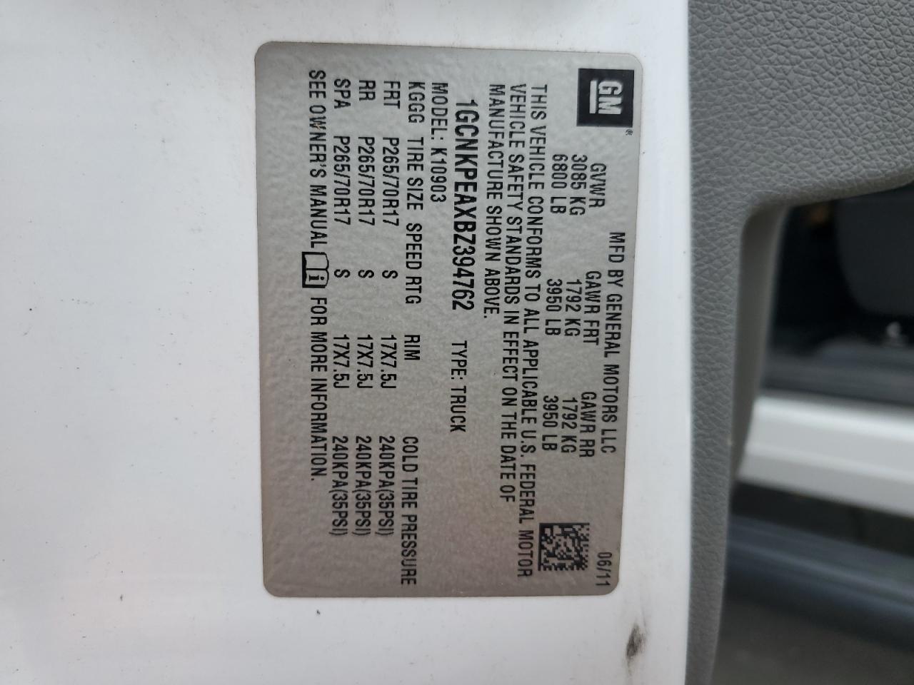 2011 Chevrolet Silverado K1500 VIN: 1GCNKPEAXBZ394762 Lot: 71743664