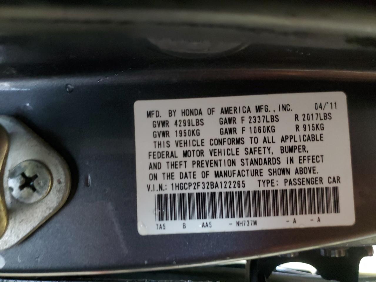 2011 Honda Accord Lx VIN: 1HGCP2F32BA122265 Lot: 71390174