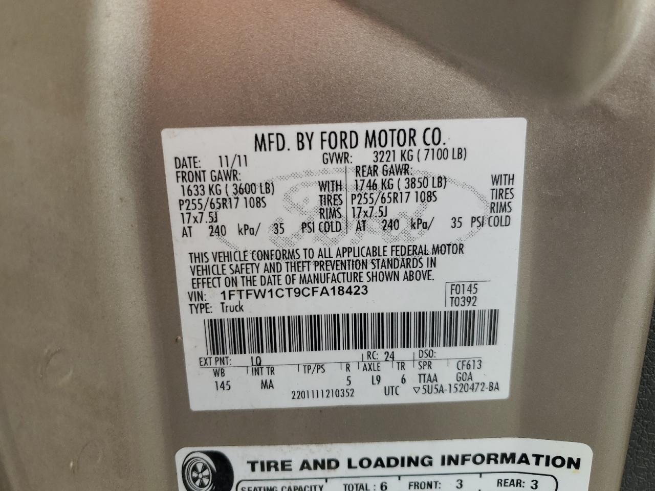 1FTFW1CT9CFA18423 2012 Ford F150 Supercrew