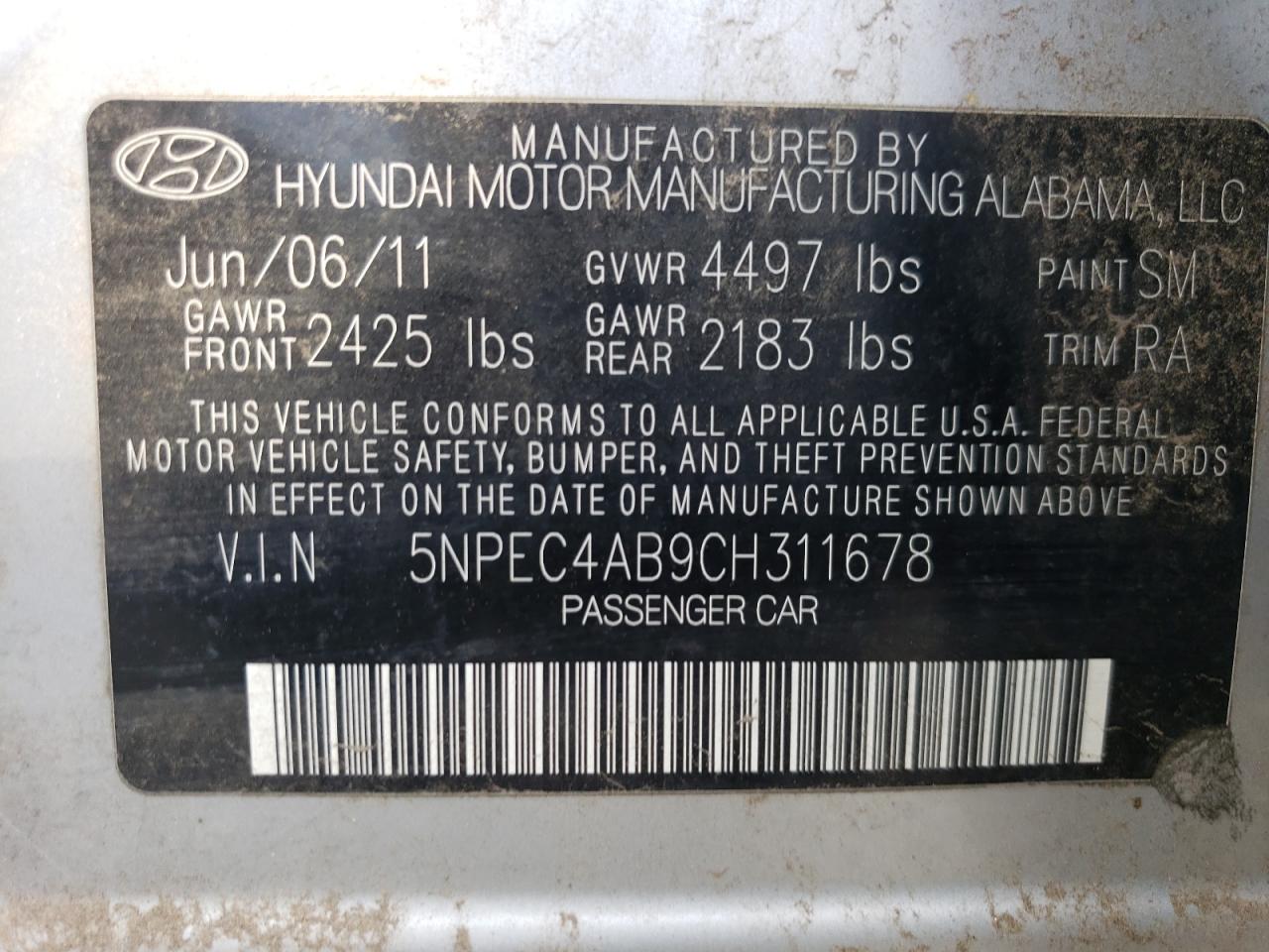 5NPEC4AB9CH311678 2012 Hyundai Sonata Se